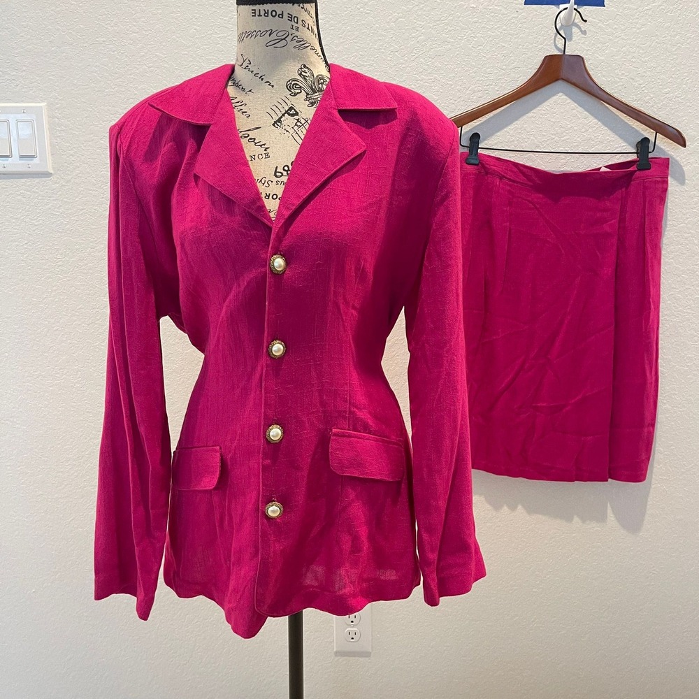 Studio C Vintage Pink‎ Linen Blend Blazer Skirt Suit Set 12 career business